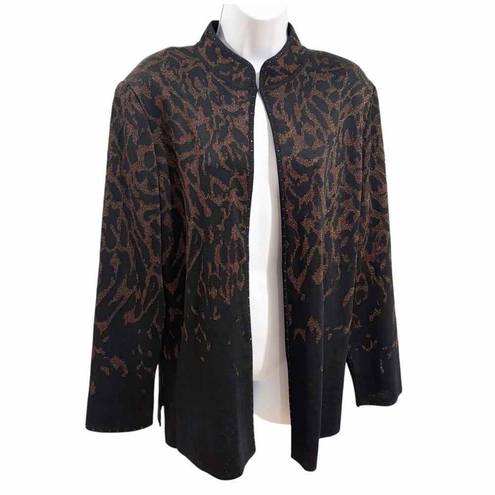 Ming Wang Animal Print Rhinestone Trim Knit Cardigan Jacket size Large